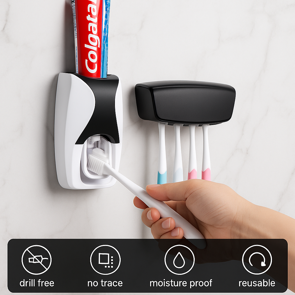 Sway Toothpaste Dispenser & Toothbrush Holder (Wall-Mount, Hands-Free, Mess-Free)